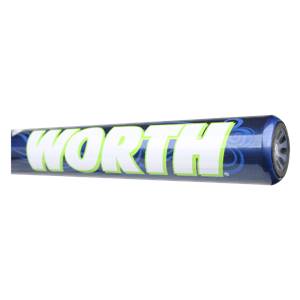 Side view of a blue softball bat with white WORTH lettering and a textured end cap.