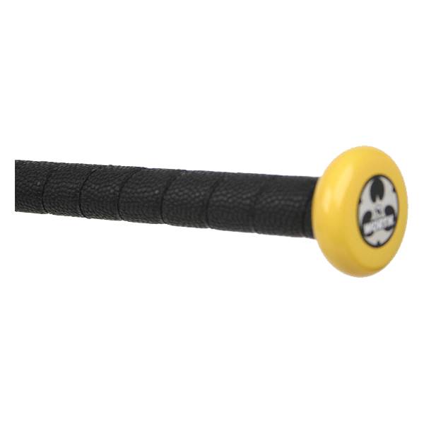 Side view of a black fastpitch softball bat with a yellow end cap and a circular logo.