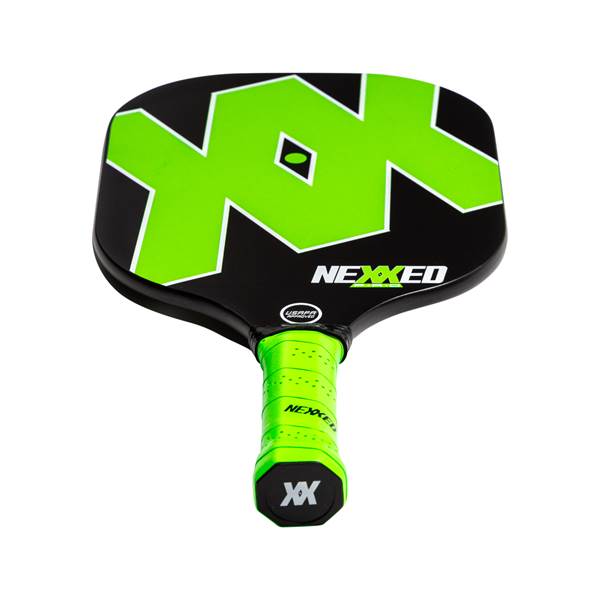 Top-down view of a black pickleball paddle with a large neon green graphic, NEXXED text, and a neon green grip.