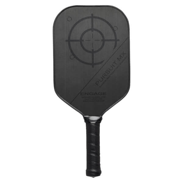 Front view of a black pickleball paddle with a target design, PURSUIT MX, and ENGAGE text.