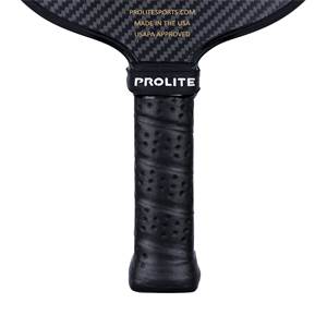 Top-down view of a black pickleball paddle with a carbon fiber face, PROLITE logo, and perforated grip.