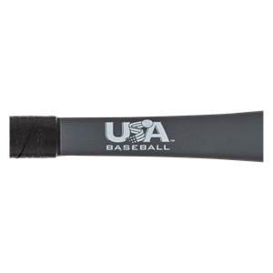 Side view of a gray baseball bat with a black grip and USA BASEBALL text.