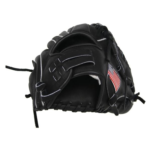 Front view of a black baseball glove with white stitching and an American flag patch.