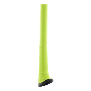 Close-up of a neon green baseball bat grip with a black end cap.