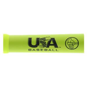 Side view of a neon yellow baseball bat with USA BASEBALL logo and a hand graphic.