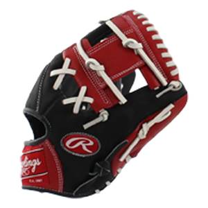 Side view of a black and red baseball glove with white lacing and a red Rawlings logo.