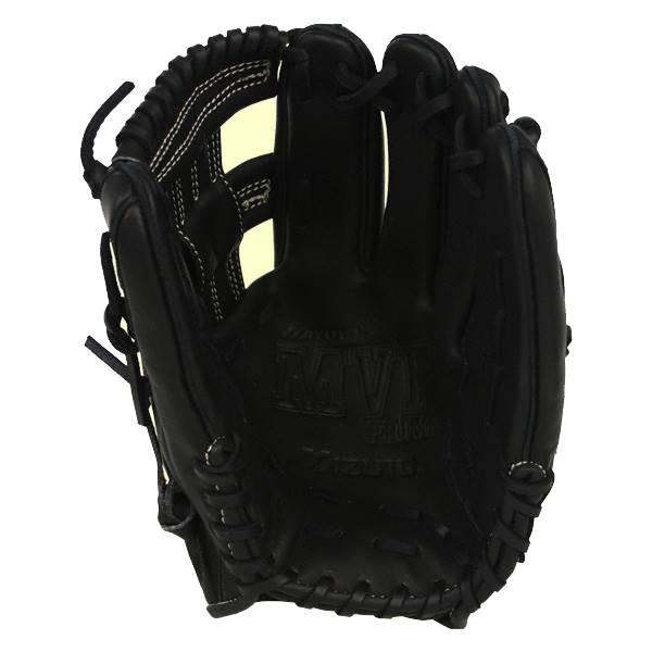 Front view of a black Mizuno MVP Series glove with white stitching and embossed logo.