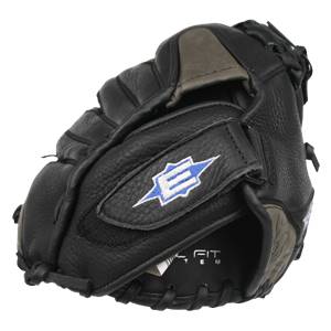 Corner view of a black Easton Synergy Fastpitch glove with a blue and white logo and FIT text.