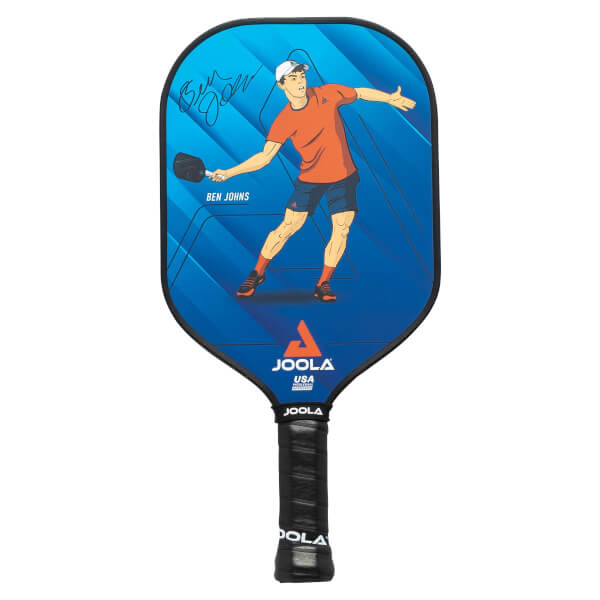 Front view of a blue pickleball paddle with a graphic of Ben Johns, JOOLA USA logo, and black grip.