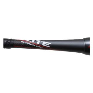 Side view of a black baseball bat with white ELITE text and LP2 SCANDIUM BARREL text.