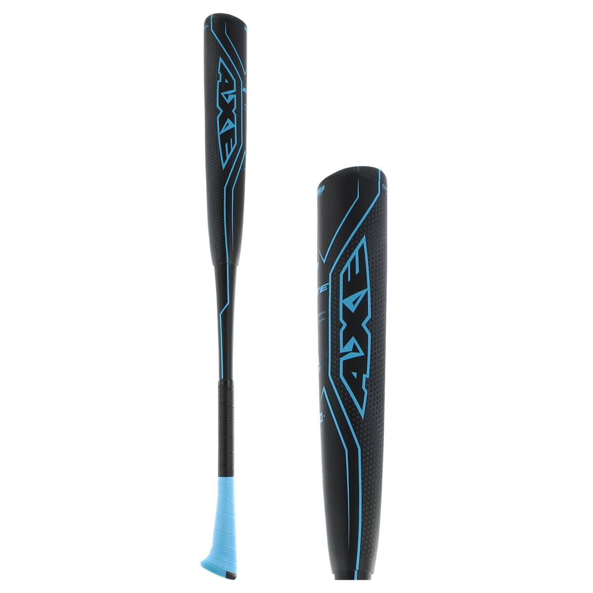 Side view of a black baseball bat with blue AXE branding and a light blue grip.