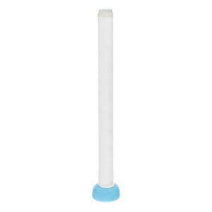 Upright view of a white fastpitch softball bat with a textured white grip, light blue end cap, and light blue top band.