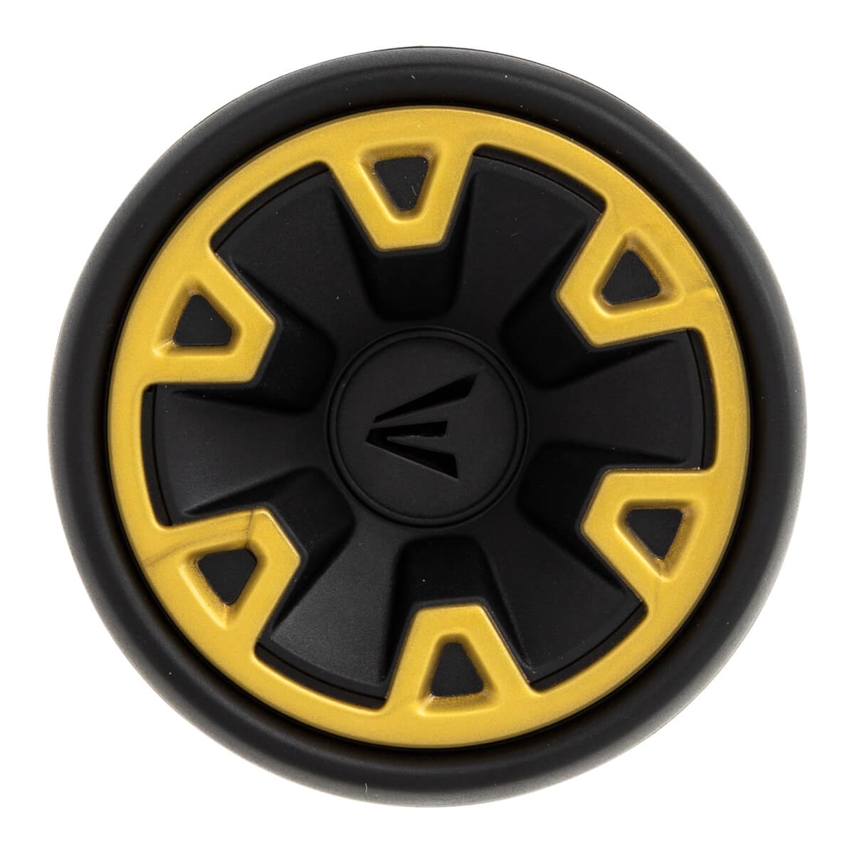 Top-down view of a black baseball bat end cap with gold accents and an Easton logo.