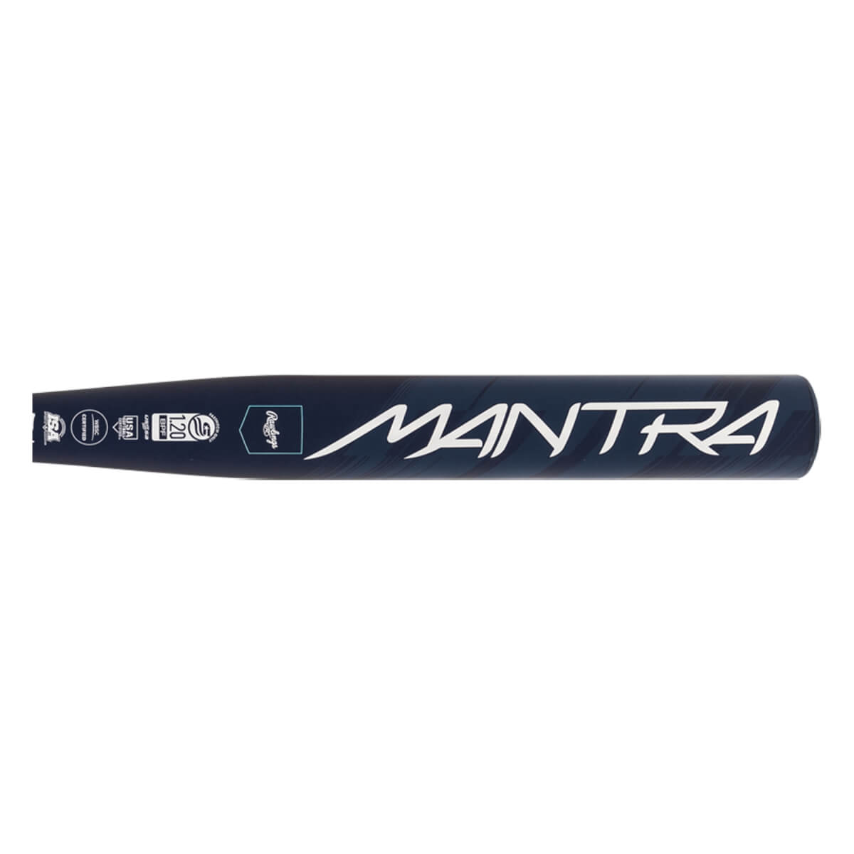 Side view of a navy fastpitch softball bat with white MANTRA script and Rawlings logo.