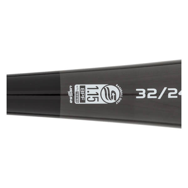 Side view of a black baseball bat with USSSA, BPF 1.15, and 32/24 markings.