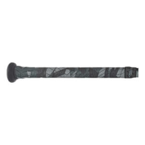 Side view of a gray camouflage baseball bat grip with a black knob and LOW-TACK text.