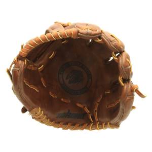 Top-down view of a brown baseball glove with nokona branding and a circular Top-Grain Leather American Made logo.