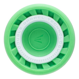 Top-down view of a bright green circular bat end cap featuring "DOUBLE BARREL TECHNOLOGY" text in a white ring and a stylized "E" logo in the center.