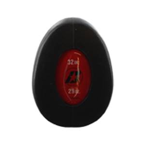 End view of a black baseball bat with a red oval insert showing 32 oz and 29 oz.
