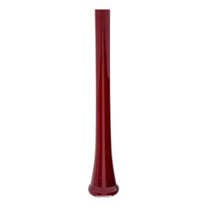 Close-up of the red baseball bats glossy, tapered handle and rounded knob.