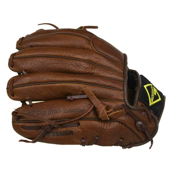 Side view of a brown leather baseball glove with All Top Grain Leather and DESIGN text.