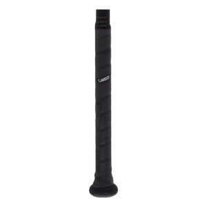 Close-up of a black baseball bat handle with textured grip tape, a white Lizard Skins logo, and a black knob.