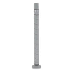 Close-up side view of a light gray fastpitch softball bat handle with a spiraled grip and visible knob.