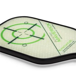 Corner view of a white pickleball paddle with green target design and Maverick Elite Pro branding.