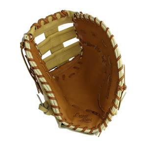 Interior view of a tan first base mitt with cream lacing and Cypress Series branding.
