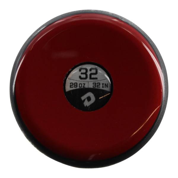 Top-down view of a red baseball bat with a circular black cap showing 32, 29 OZ, 32 IN, and a DeMarini logo.