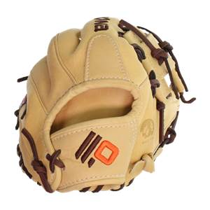 Top-down view of a tan baseball glove with brown lacing and an orange diamond logo.