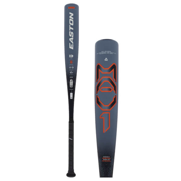 Side view of a dark gray baseball bat with a black grip, white EASTON logo, and orange MAV1 graphics on the barrel.