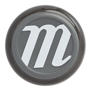 Top-down view of a black baseball bat with a gray circular logo and a white m.