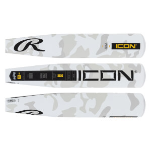 Multiple views of a white and grey camouflage baseball bat with Rawlings R logo, ICON branding, and a black label.