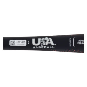 Side view of a black baseball bat with USA Baseball logo and certification text.