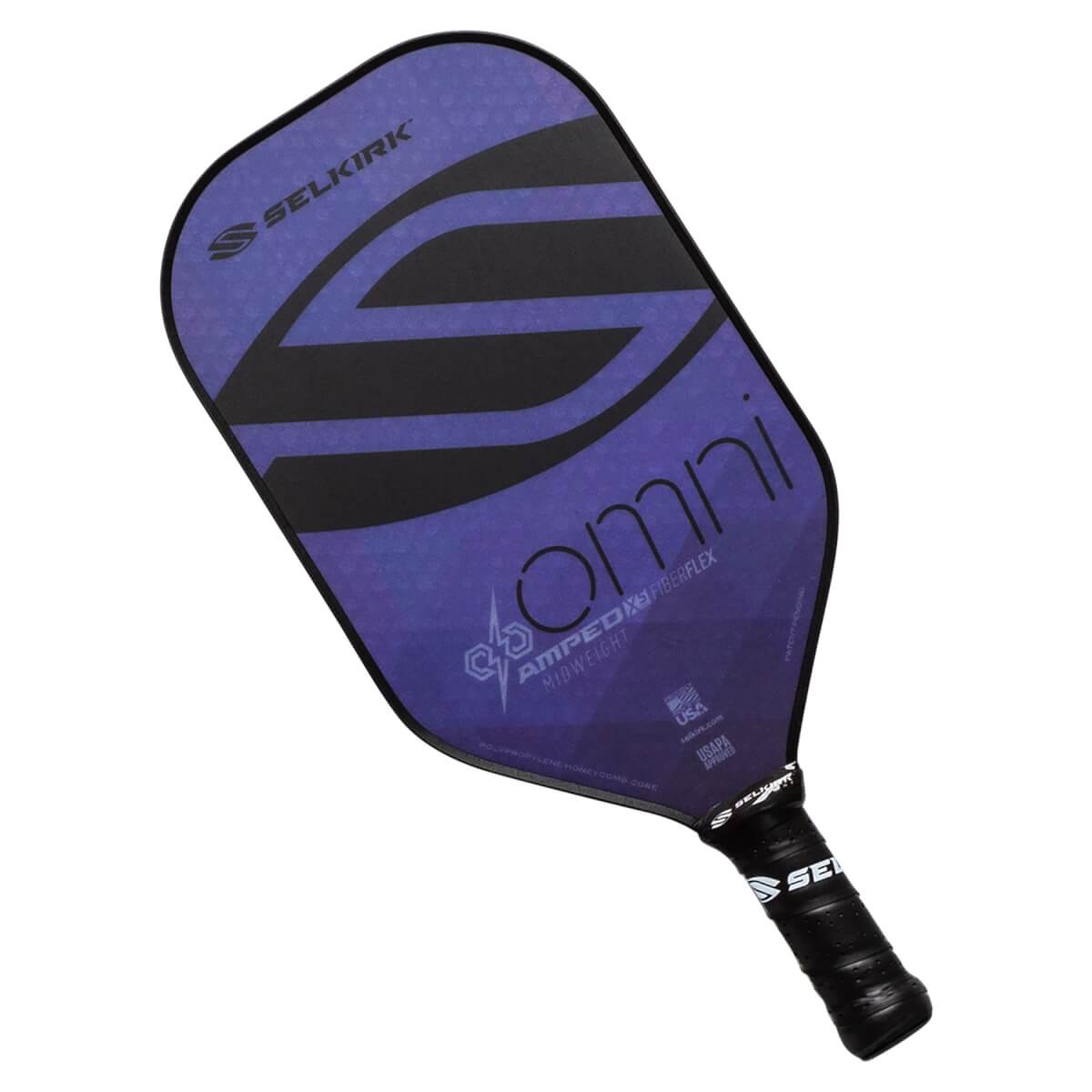 Top-down view of a purple Selkirk pickleball paddle with black S logo, omni text, and textured grip.