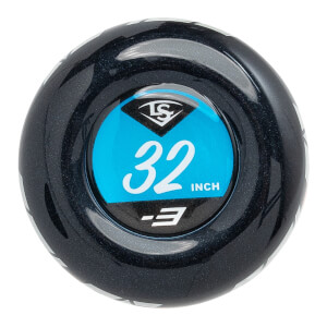 Top-down view of the black sparkly baseball bat end cap featuring a blue center circle with the LS logo and white text that reads 32 INCH and -3.