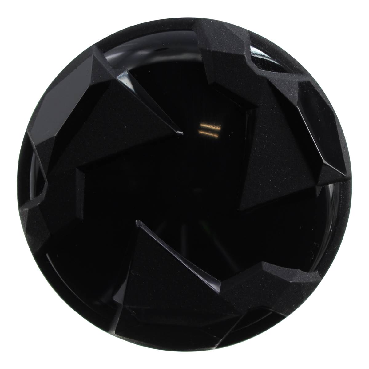 Top-down view of a black baseball bat end cap with geometric facets and a matte finish.