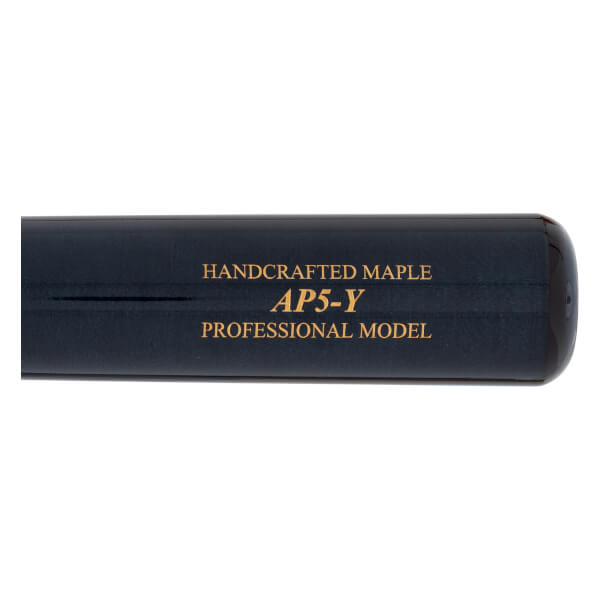 Side view of a dark blue baseball bat with gold text reading HANDCRAFTED MAPLE AP5-Y PROFESSIONAL MODEL.