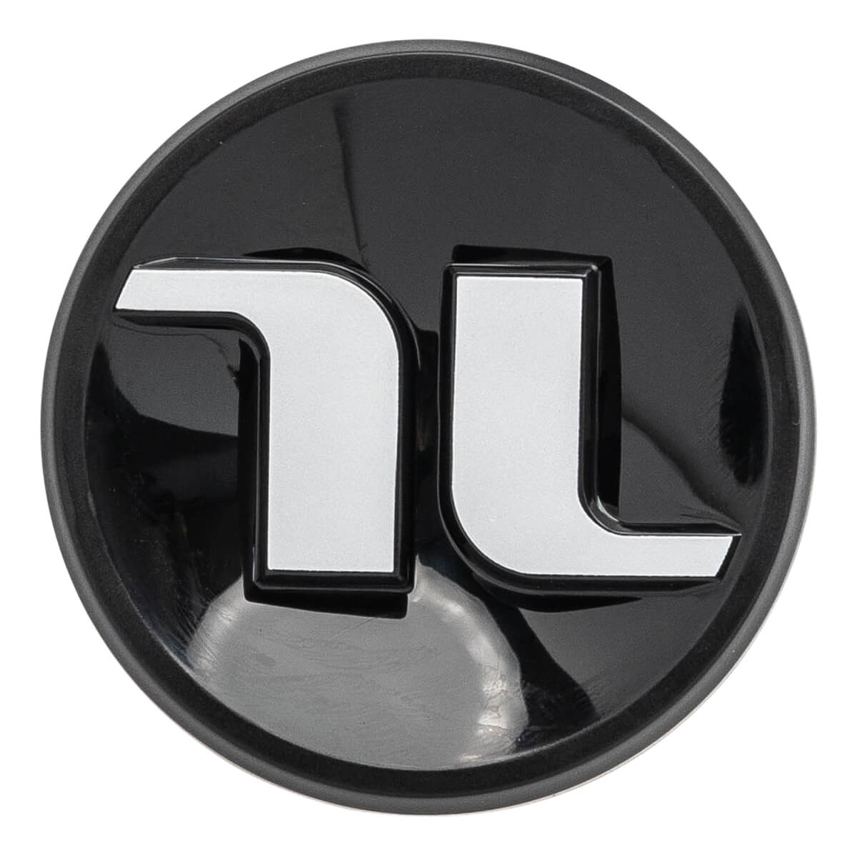 Close-up view of the circular black bat knob featuring a stylized silver TL logo with a glossy finish.