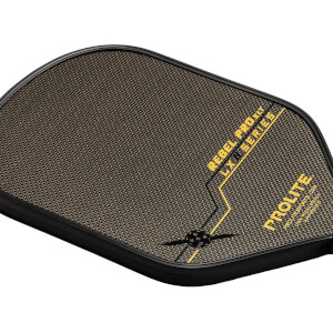 Top-down view of a black pickleball paddle with a textured gold surface, REBEL PRO XLT LX II SERIES text, and PROLITE logo.