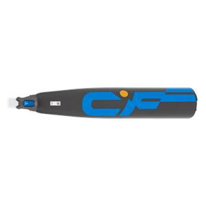 Side view of a matte charcoal baseball bat barrel featuring a large stylized blue "CF" logo with an orange circle and blue accents on the tapered end.