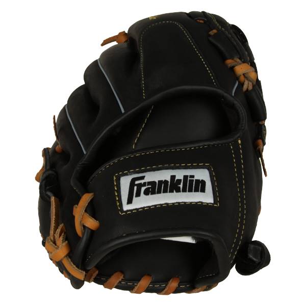 Top-down view of a black baseball glove with tan lacing and a white Franklin logo.