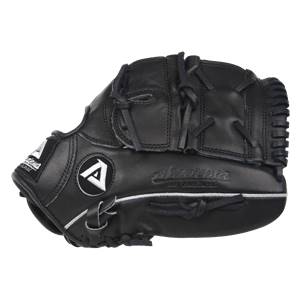 Side view of a black baseball glove with white Akadema branding and a white A logo.