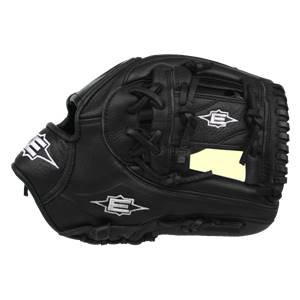 Side view of a black baseball glove with white Easton logos and a yellow rectangular patch.