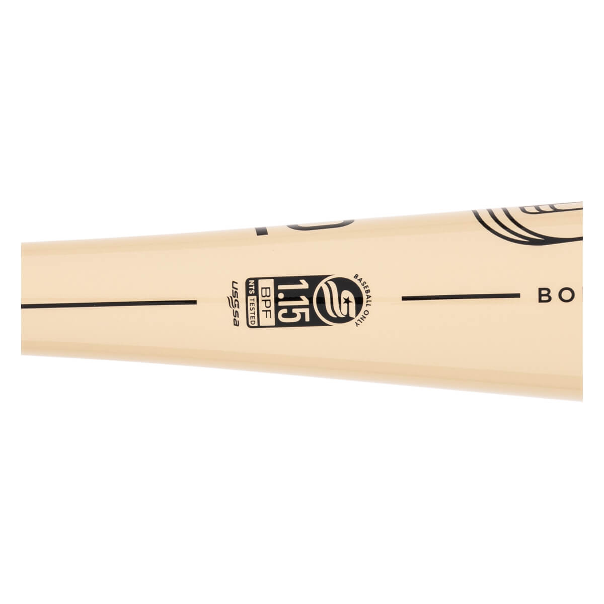 Side view of a tan baseball bat with USSSA and 1.15 BPF markings.