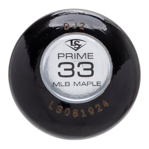 Top-down view of a black baseball bat end with a silver insert showing LS, PRIME 33, MLB MAPLE, and DJ2 engraved.