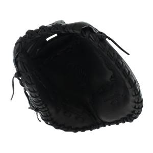 Top-down view of a black first base mitt with a deep pocket and reinforced lacing.