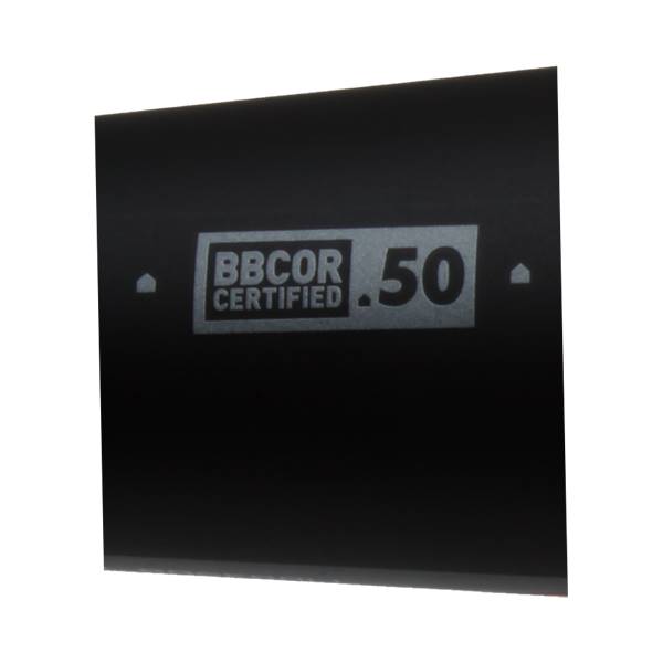 Close-up of a black baseball bat with BBCOR CERTIFIED .50 text.