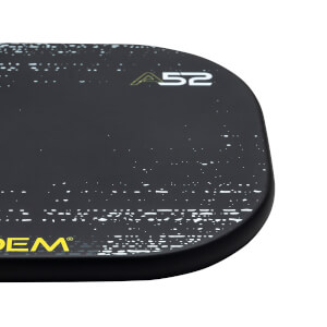 Corner view of a black pickleball paddle with white speckle pattern and A52 logo.